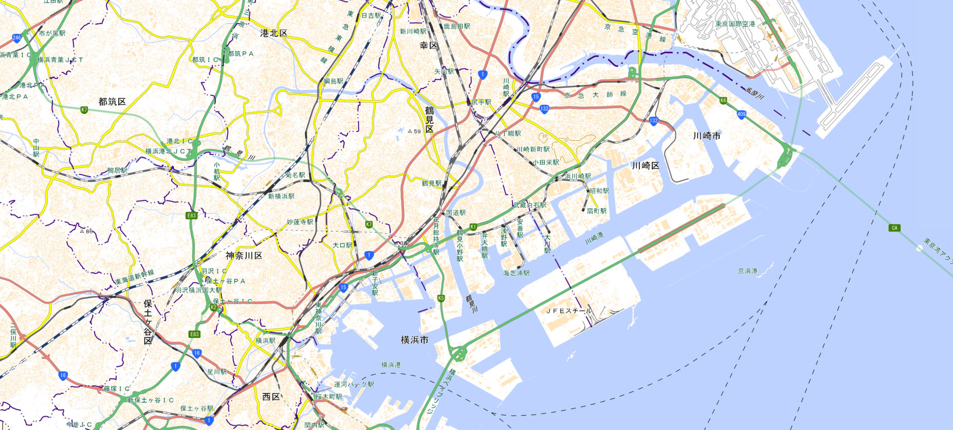 横浜市神奈川区から川崎市川崎区まで含む周辺地図（国土地理院HPより）