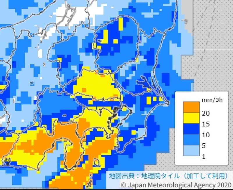 3時間降水量の予想（2日正午から午後3時、気象庁HPから）