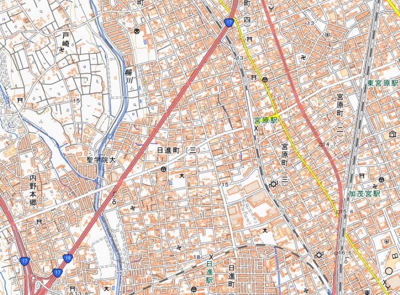 さいたま市北区日進3丁目の周辺図（国土地理院HPから）