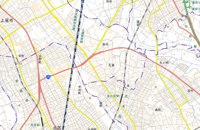 上尾市瓦葺の周辺図（地図の中心付近）＝国土地理院HPから