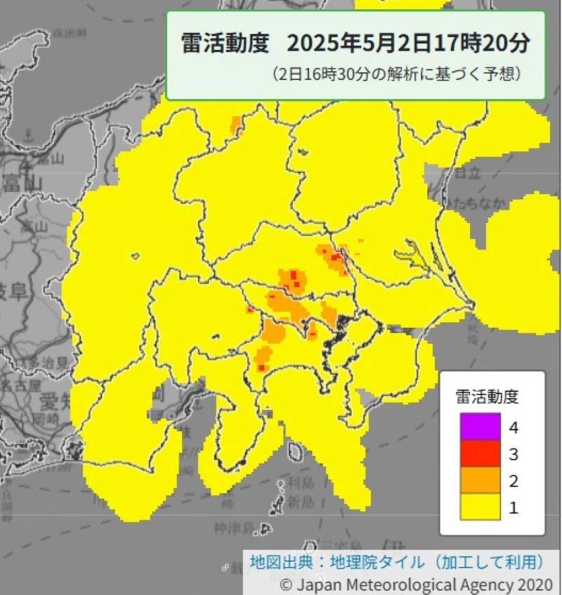 雷活動度（2日午後5時20分の予想、気象庁HPから）