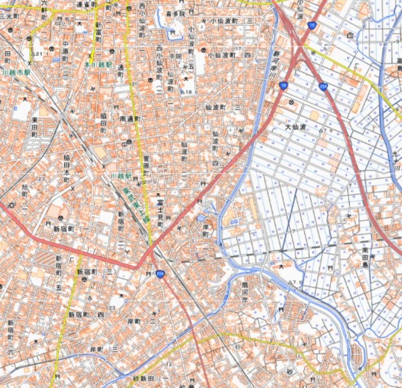 川越市砂（地図の下部）と川越市小仙波町3丁目（地図の上部）の位置＝国土地理院HPから