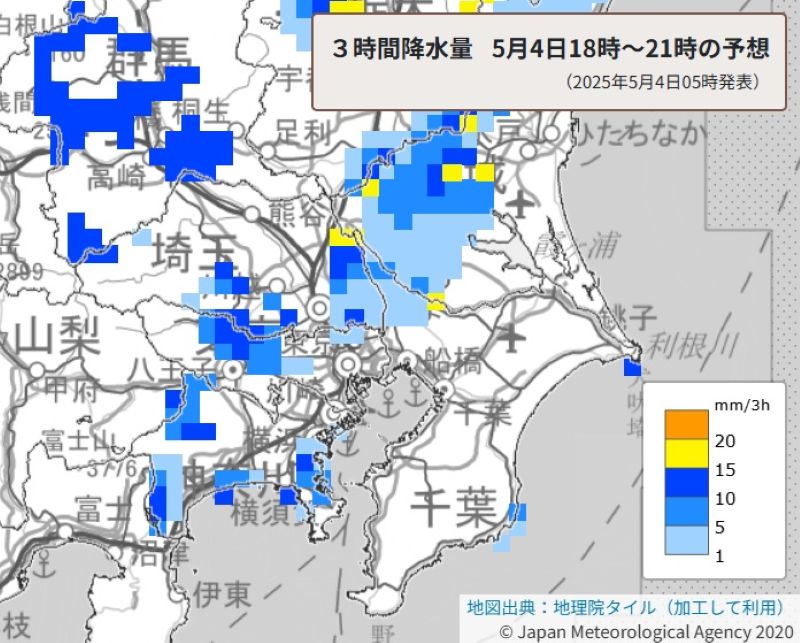 3時間降水量（4日午後6時から午後9時の予想、気象庁HPから）