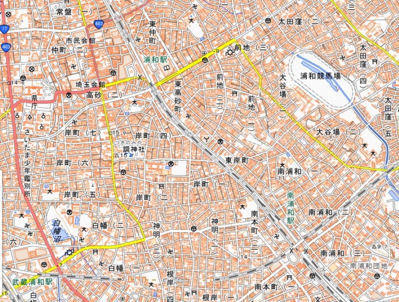 さいたま市浦和区岸町1丁目、南区南浦和3丁目の周辺図（国土地理院HPから）