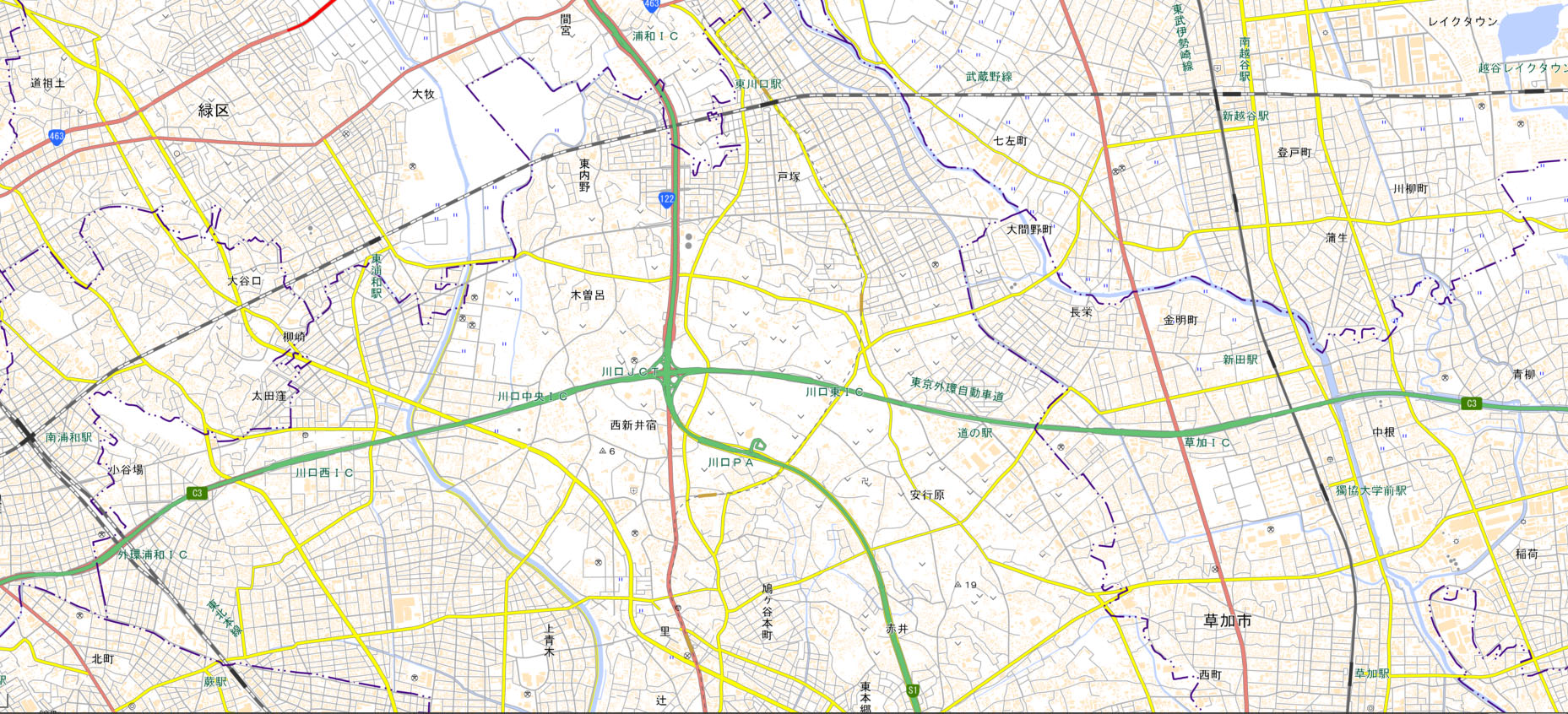 川口西IC―草加ICの周辺地図（国土地理院HPより）