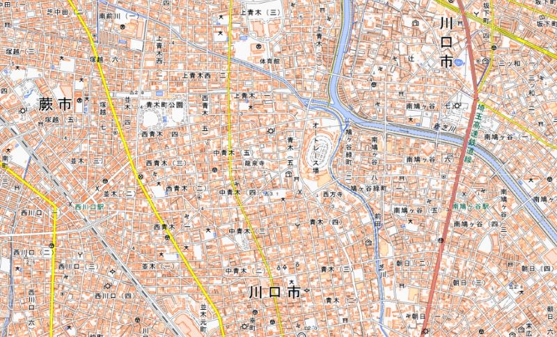 川口市三ツ和1丁目（図の右端）、西川口1丁目（図の左端）の位置＝国土地理院HPから