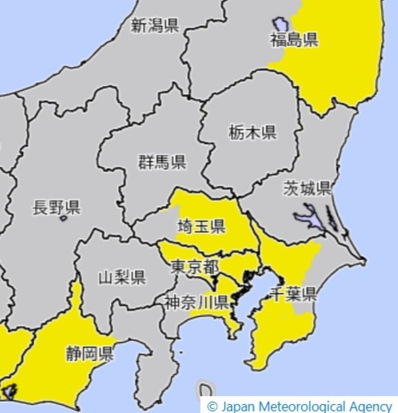 強風注意報が発表されているエリア（7日午後0時45分、気象庁FPから）