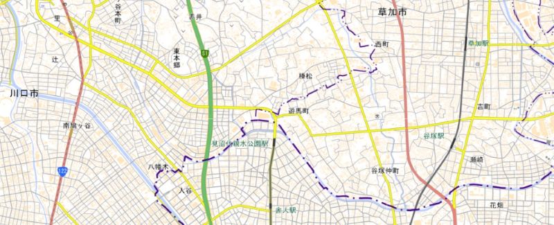 草加市遊馬町（地図の中心付近）の周辺図＝国土地理院HPから