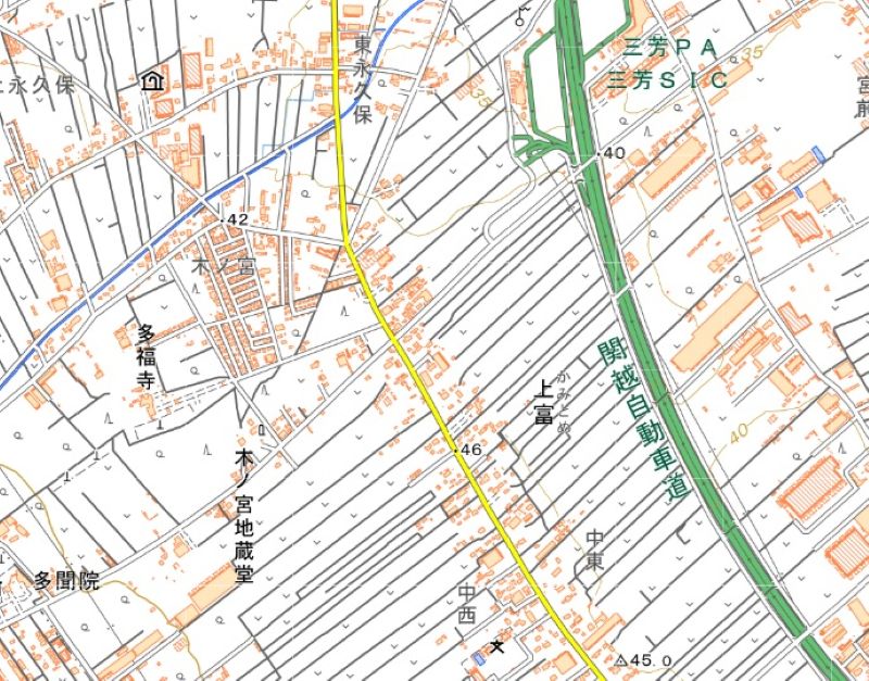三芳町上富の周辺図（国土地理院HPから）