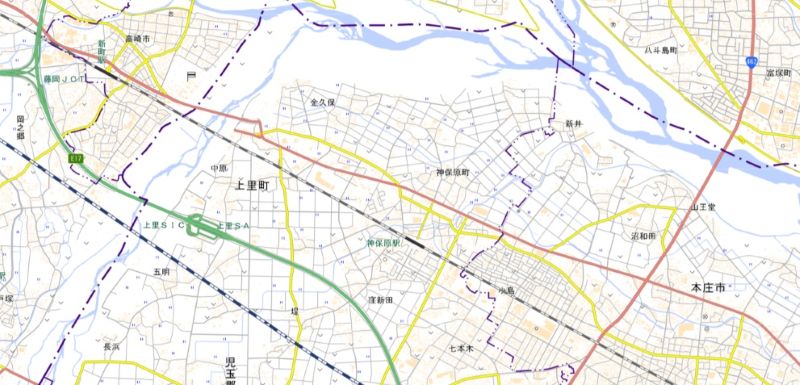 新町駅（図左上）の位置＝国土地理院HPから