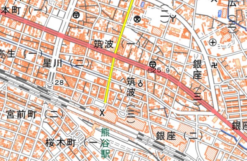 熊谷市筑波1丁目の周辺図。近くに熊谷駅（国土地理院HPから）