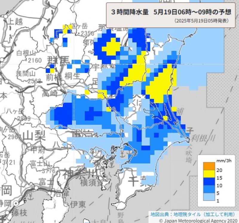 3時間降水量（19日午前6時から同9時の予想、気象庁HPから）