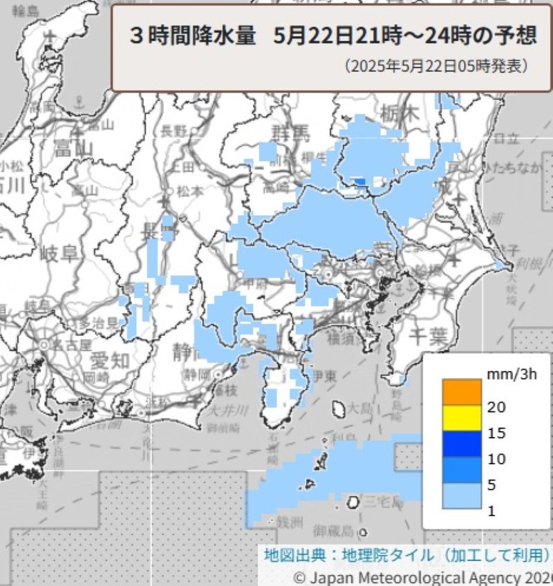 3時間降水量（22日午後9時から同12時、気象庁HPから