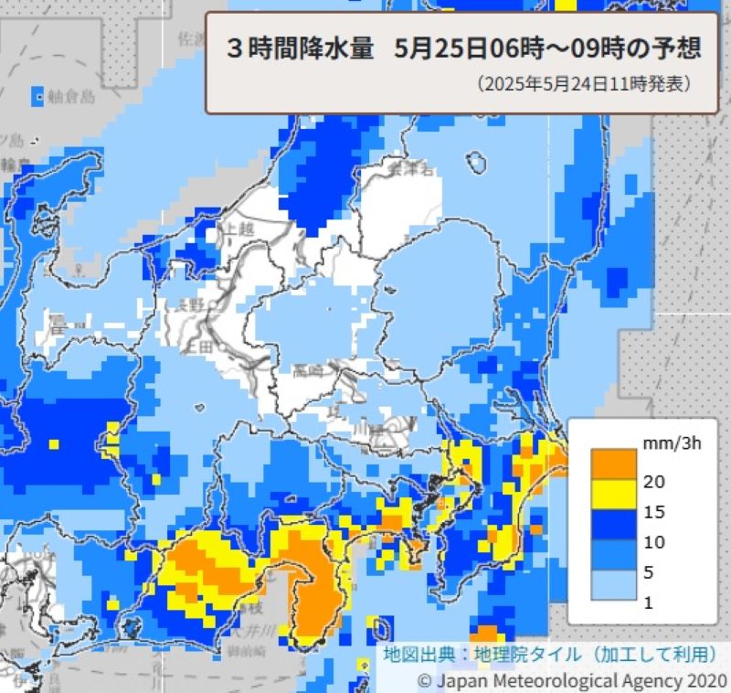 3時間降水量の予想（25日午前6時から同9時、気象庁HPから）