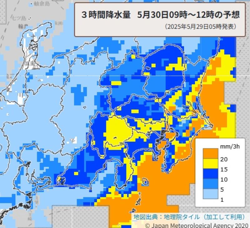 3時間降水量予想（30日午前9時から正午、気象庁HPから）