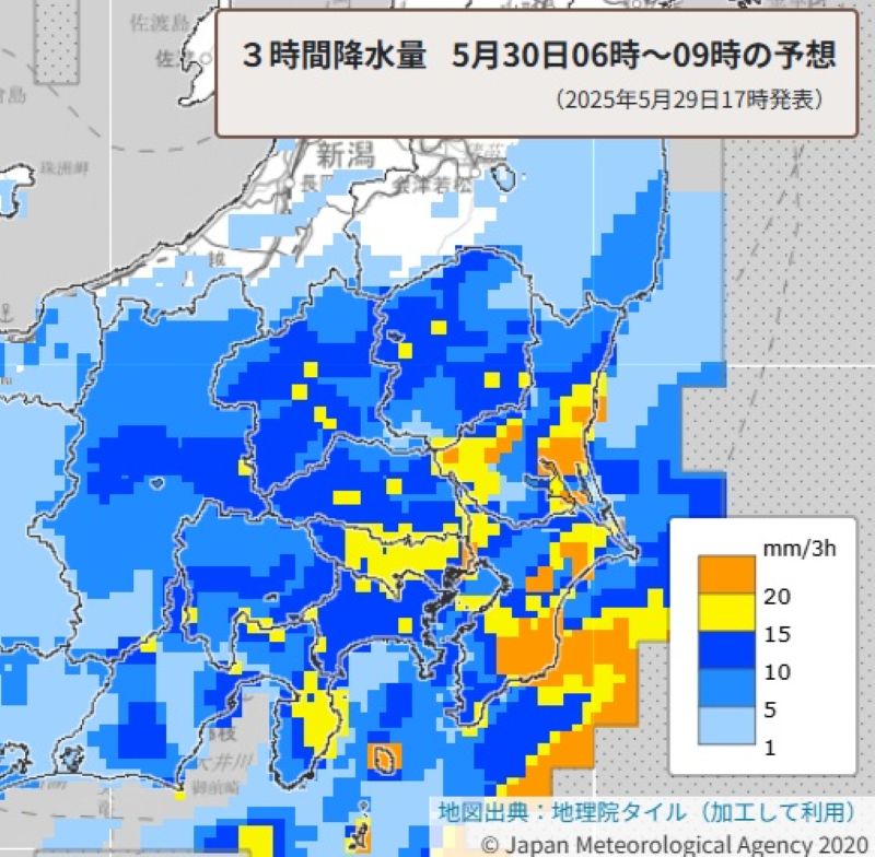 3時間降水量予想（30日午前6時から同9時、気象庁HPから）