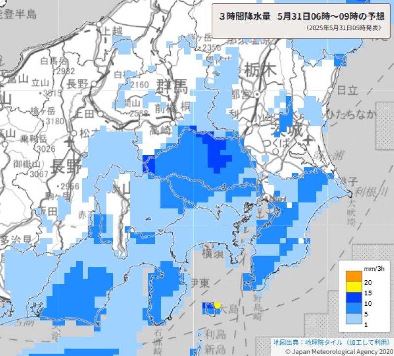 3時間降水量の予想（31日午前9時から正午、気象庁HPから）