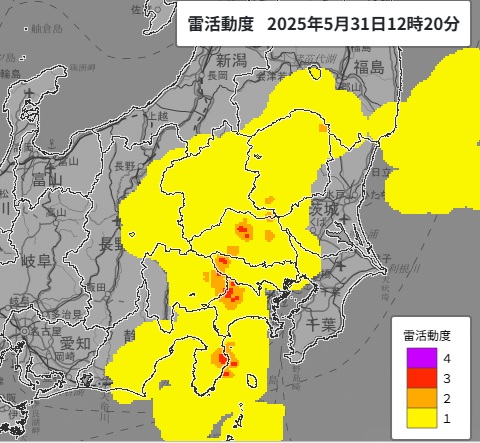 雷活動度（31日午後0時20分現在、気象庁HPから）