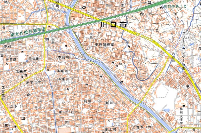 川口市本前川などの周辺地域＝国土地理院HPから