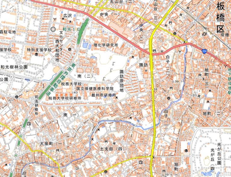 和光市南1丁目と白子1丁目の位置（地図の中心付近）＝国土地理院HPから