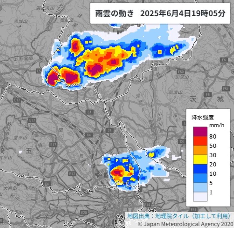 雨雲の動き（4日午後7時5分、気象庁HPから）