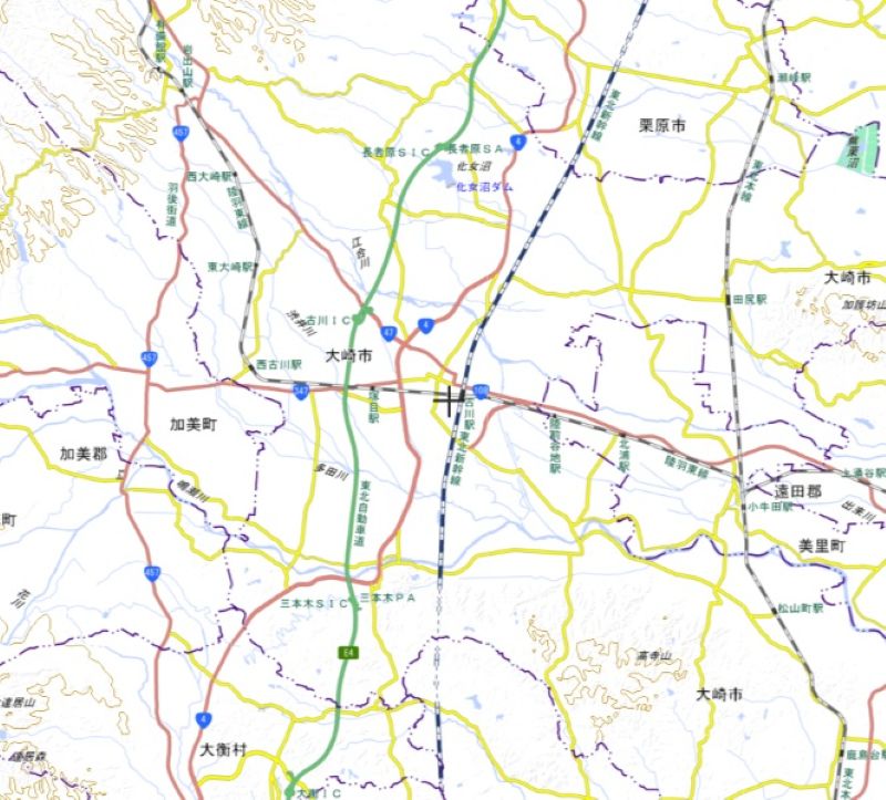 東北新幹線・古川駅の位置（地図の中心付近）＝国土地理院HPから