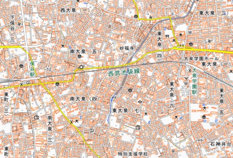大泉学園―保谷駅間の周辺図（国土地理院HPから）