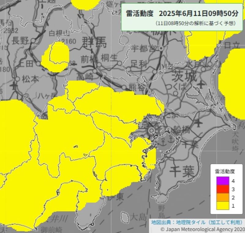 雷活動度の予想（11日午前9時50分、気象庁HPから）