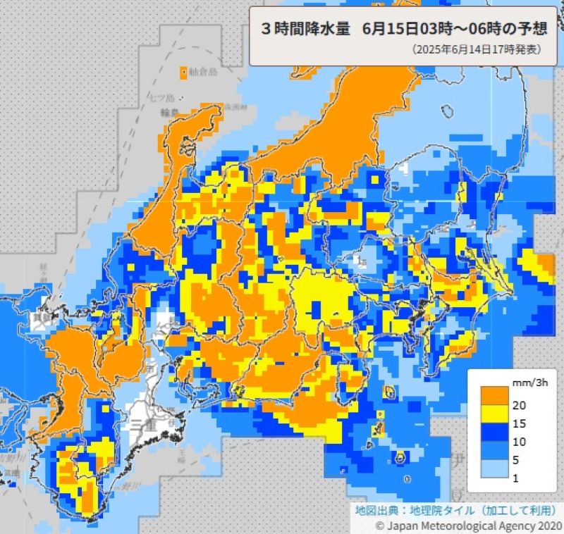 3時間降水量の予想（15日午前3時から同6時、気象庁HPから）