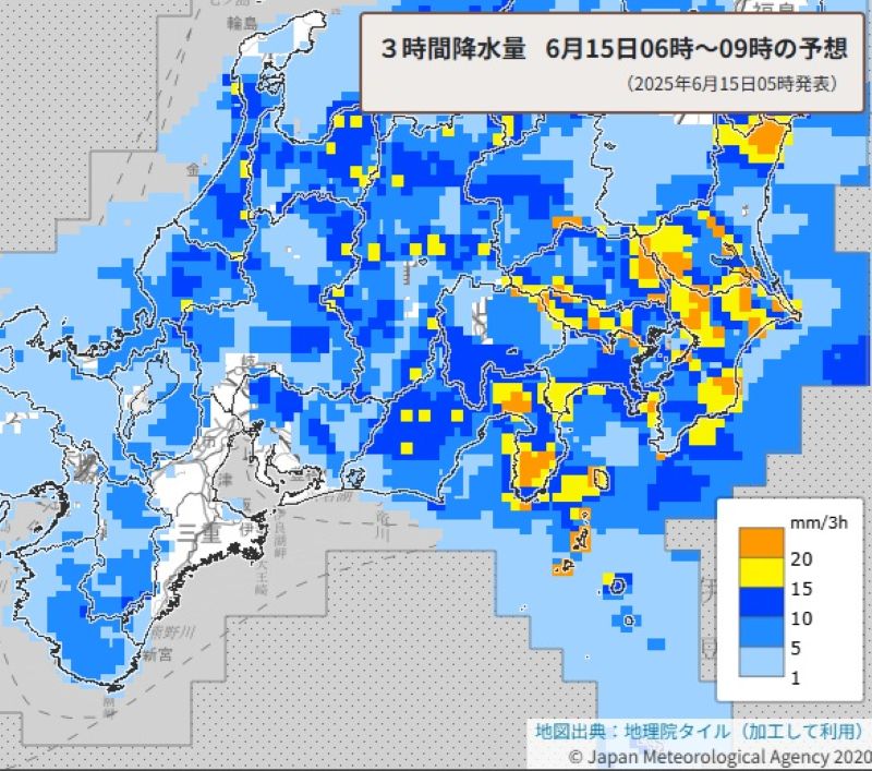 3時間降水量の予想（15日午前6時から同9時、気象庁HPから）