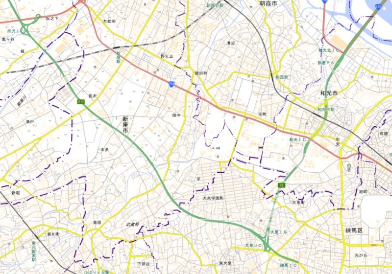 所沢IC―大泉JCTの周辺図（国土地理院HPから）
