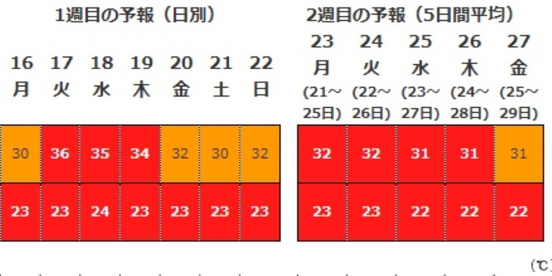 埼玉（熊谷）の2週間気温予報（上段が予想最高気温、下段が予想最低気温）＝気象庁HPから