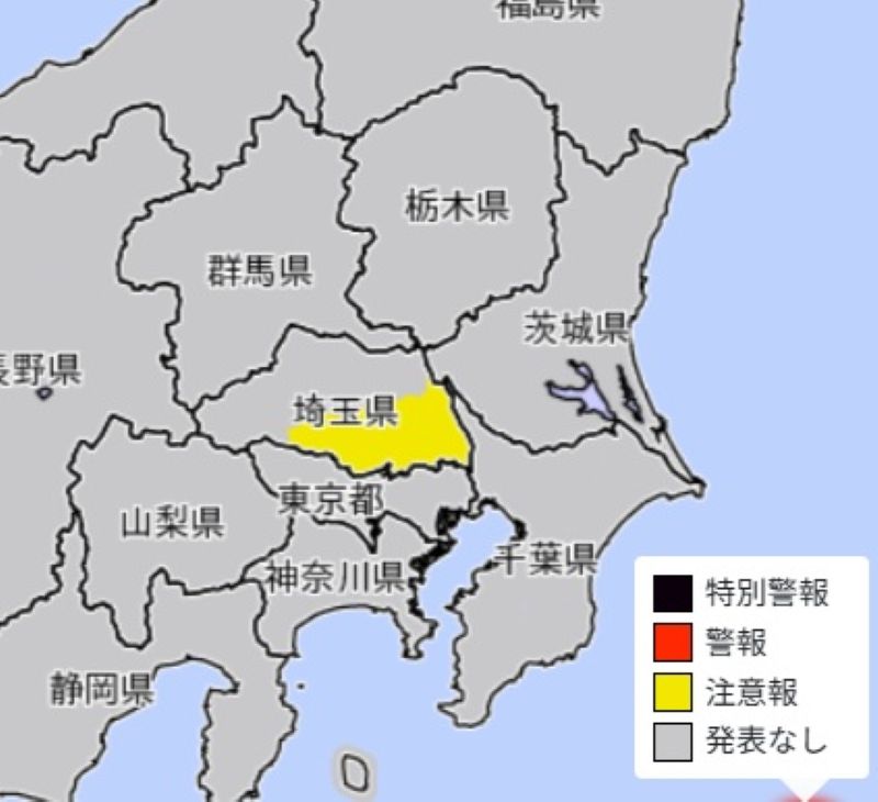 大雨注意報（浸水）が発表されたエリア（15日、気象庁HPから）