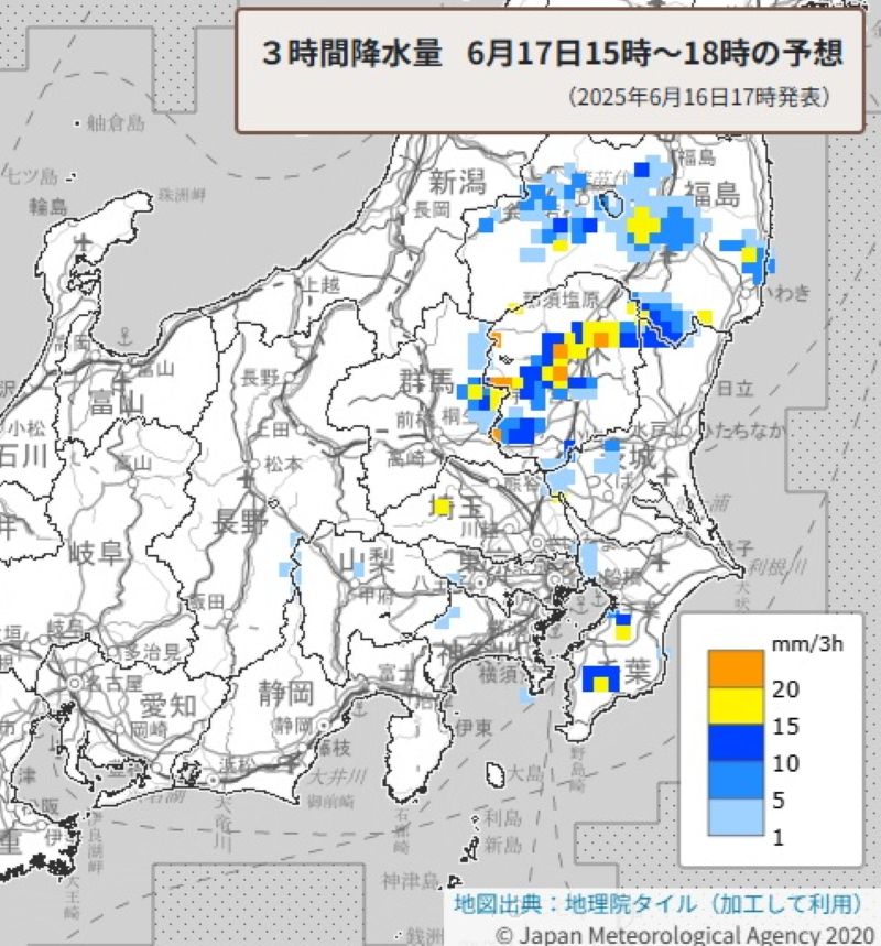 3時間降水量の予想（17日午後3時から同6時、気象庁HPから）