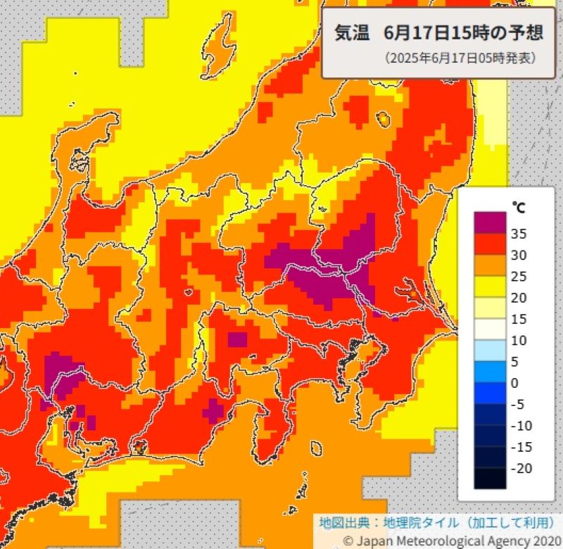 17日午後3時の予想気温（気象庁HPから）