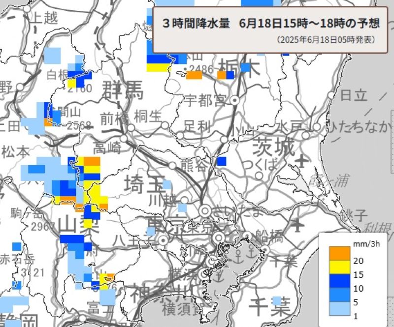3時間降水量の予想（18日午後3時から同6時、気象庁HPから）