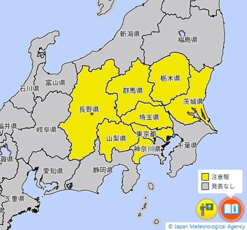 雷注意報が発表されたエリア（18日午前7時3分、気象庁HPから）