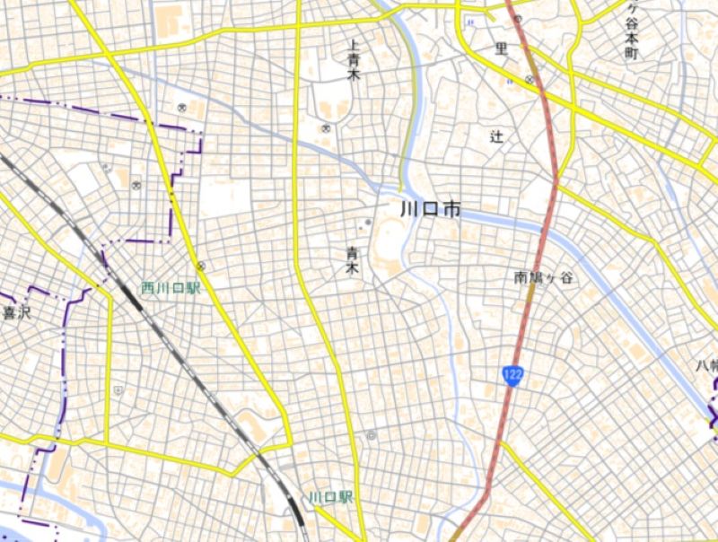 川口市青木地区の位置（地図の中心付近）＝国土地理院HPから