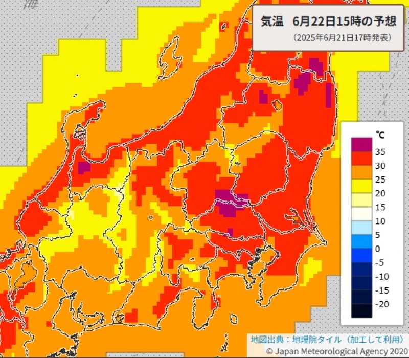 22日午後3時の気温予想（気象庁HPから）