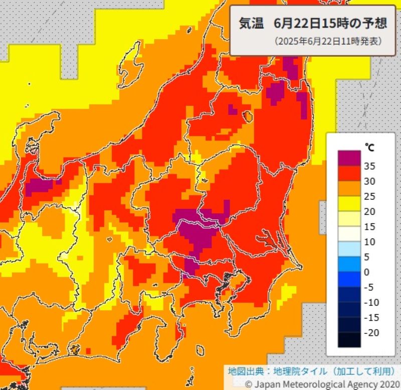 22日午後3時の気温予想（気象庁HPから）