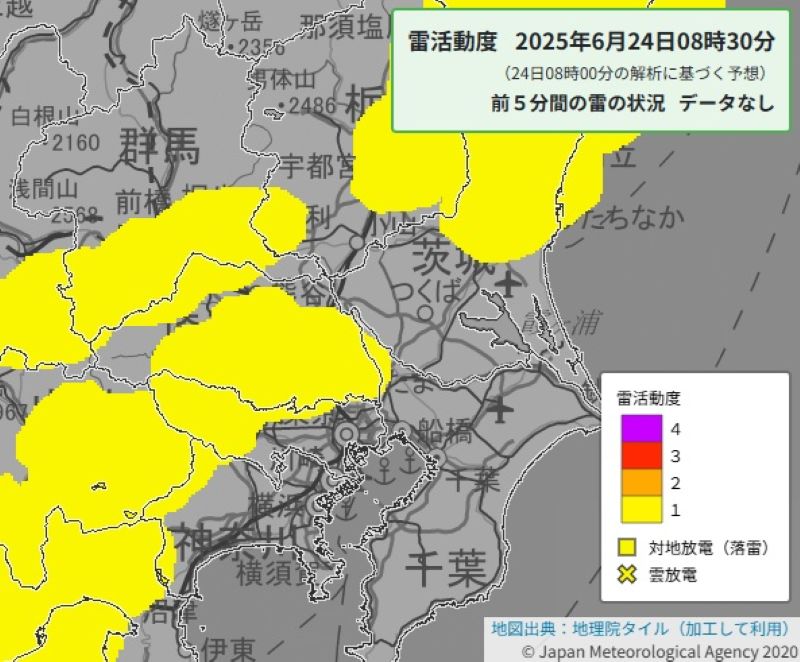 雷活動度の予想更新（24日午前8時30分、気象庁HPから）