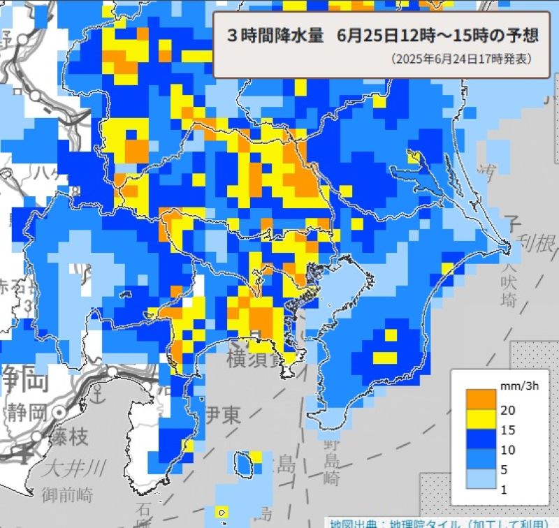 3時間降水量の予想（25日正午から午後3時、気象庁HPから）