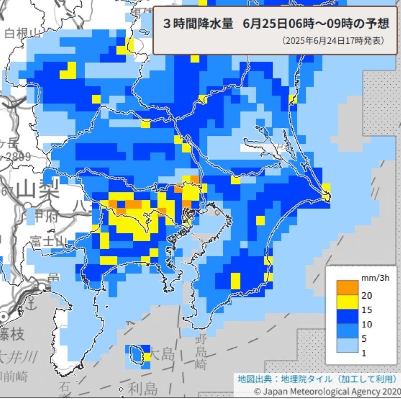 25日朝の3時間降水量予想図（25日午前6時から同9時、気象庁HPから）