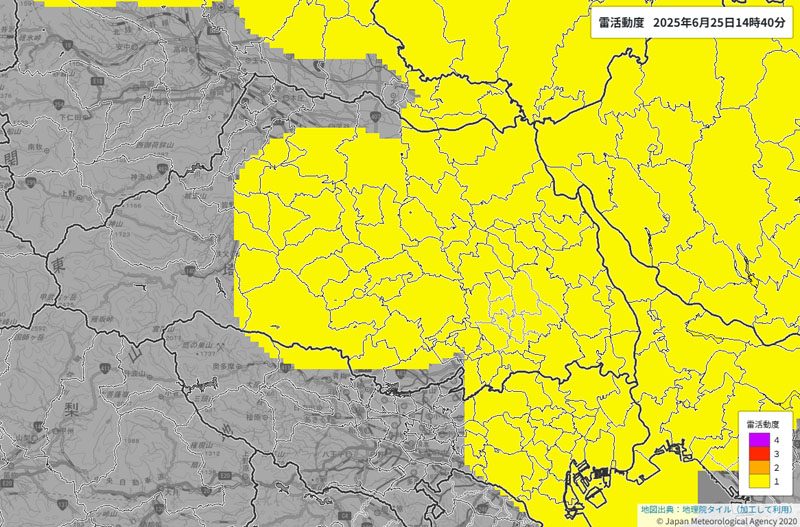 雷活動度（25日午後2時40分、気象庁HPから）