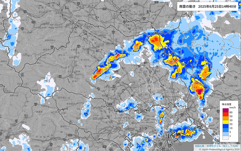 雨雲の動き（25日午後2時40分、気象庁HPから）