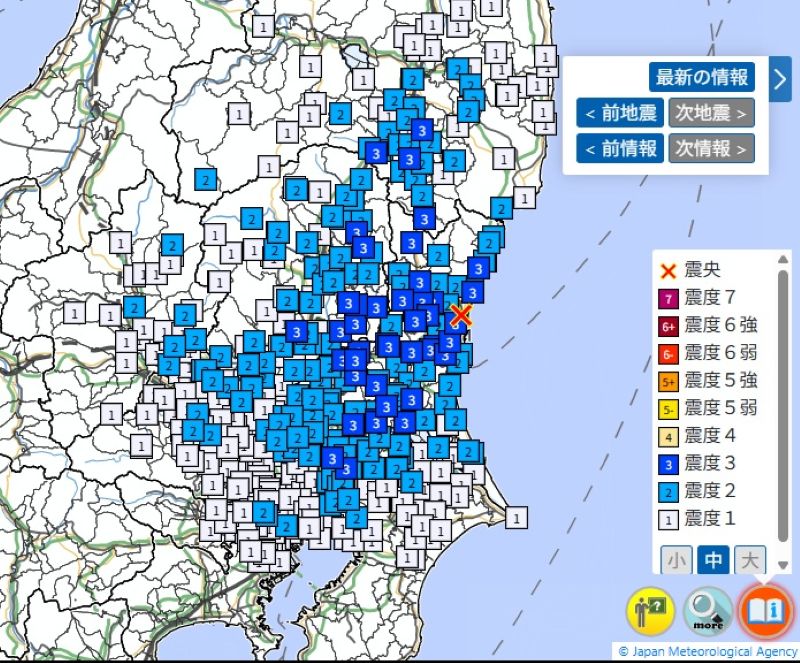 各地の震度（27日午前8時56分、気象庁）