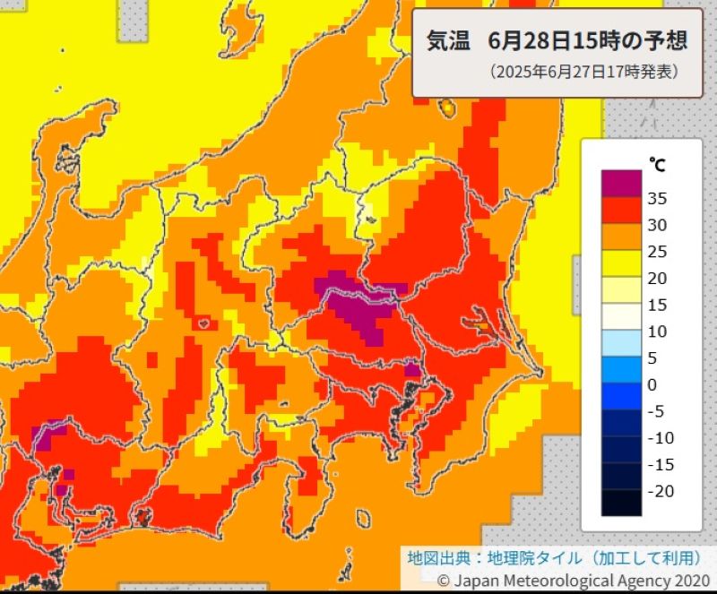 28日午後3時の予想気温（気象庁HPから）