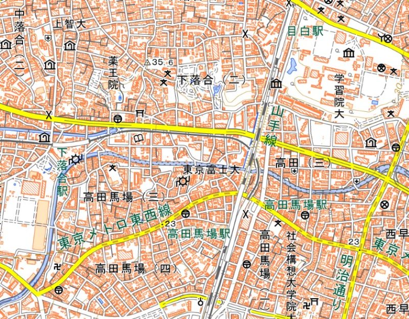 高田馬場―下落合駅間の周辺図（国土地理院HPから）