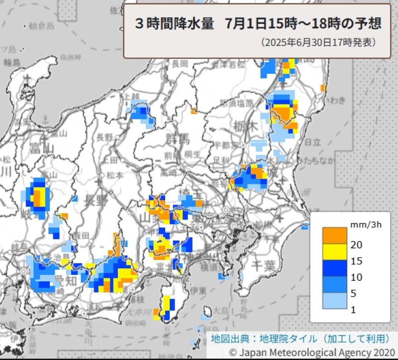 3時間降水量（7月1日午後3時から同6時の予想、気象庁HPから）
