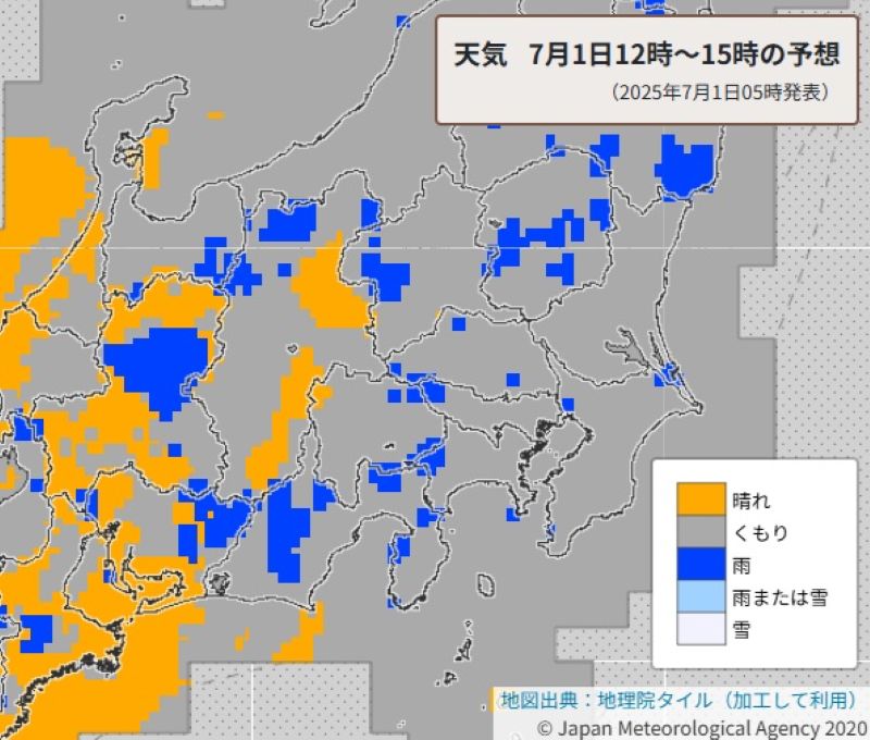 1日正午から午後3時の天気の予想図（気象庁HPから）